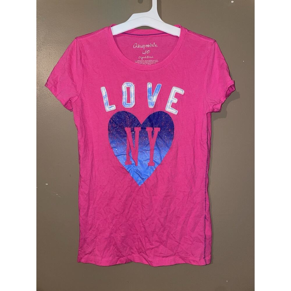Y2K Aeropostale Women’s Pink LOVE NY Graphic Short Sleeve T-Shirt Size L